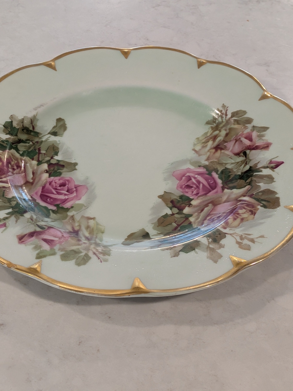 Vintage Imperial Porcelain Mint Green Floral Dinner Plate with Pink Rose Accents